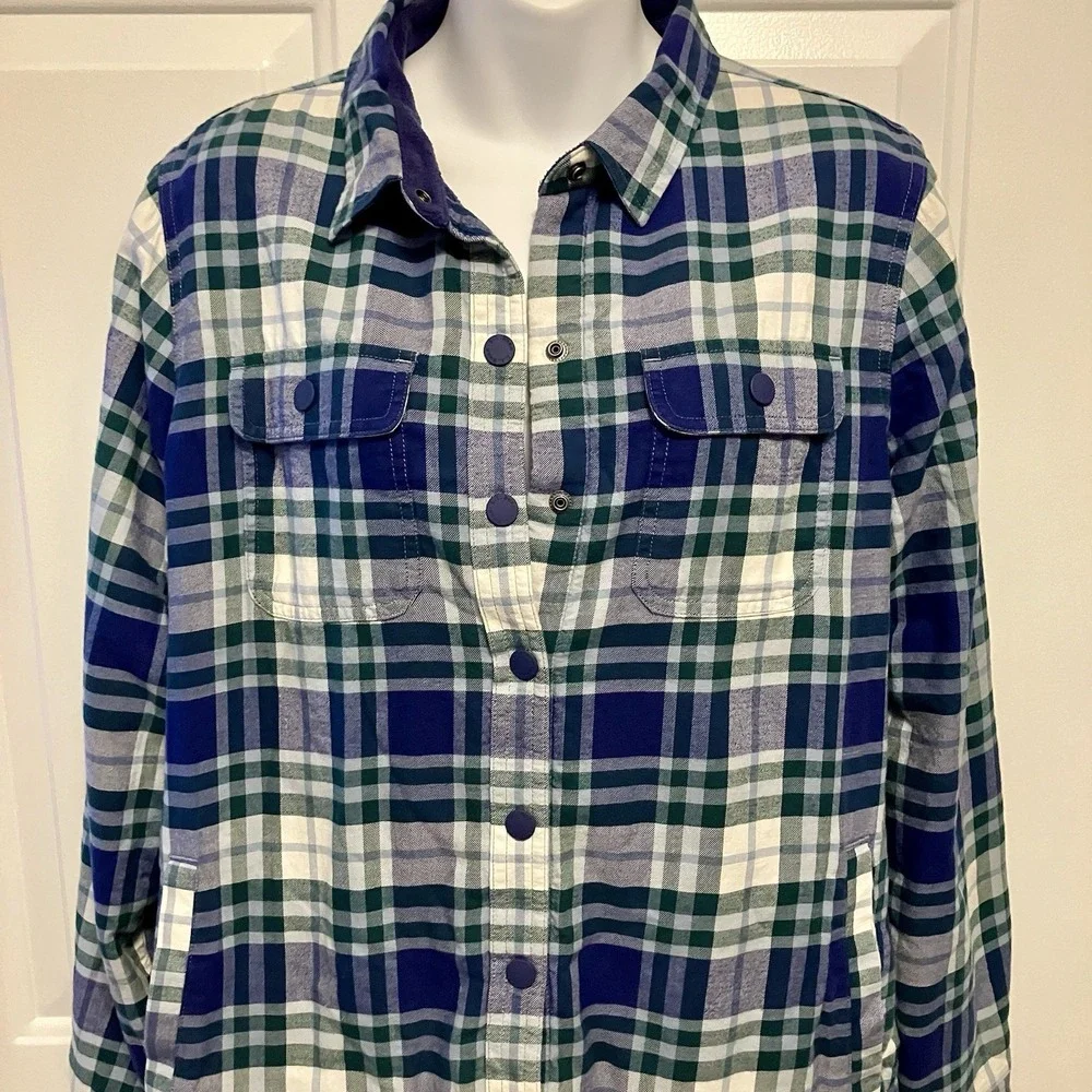 LL Bean Size Small Blue Fleece‎ Lined Plaid Flannel Shirt Jacket Shacket Women's